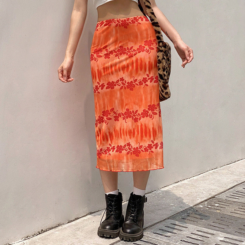 Chic Over-The-Knee Orange Floral Skirt